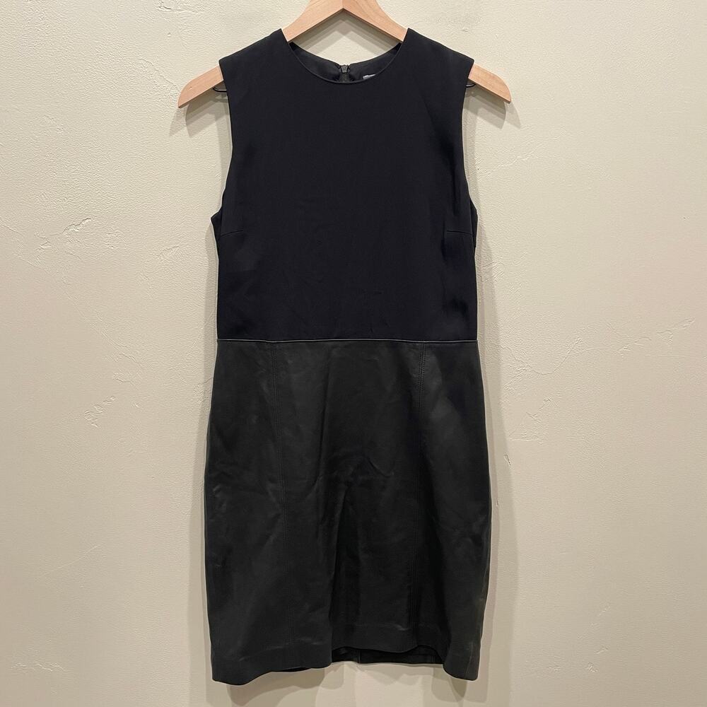 Vince Sleeveless Leather Ponte Combo Sheath Dress Black - Size: 6 - Picture 2 of 13
